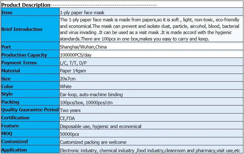 1-Ply Paper Face Mask with Ear Loop, Protective Mask