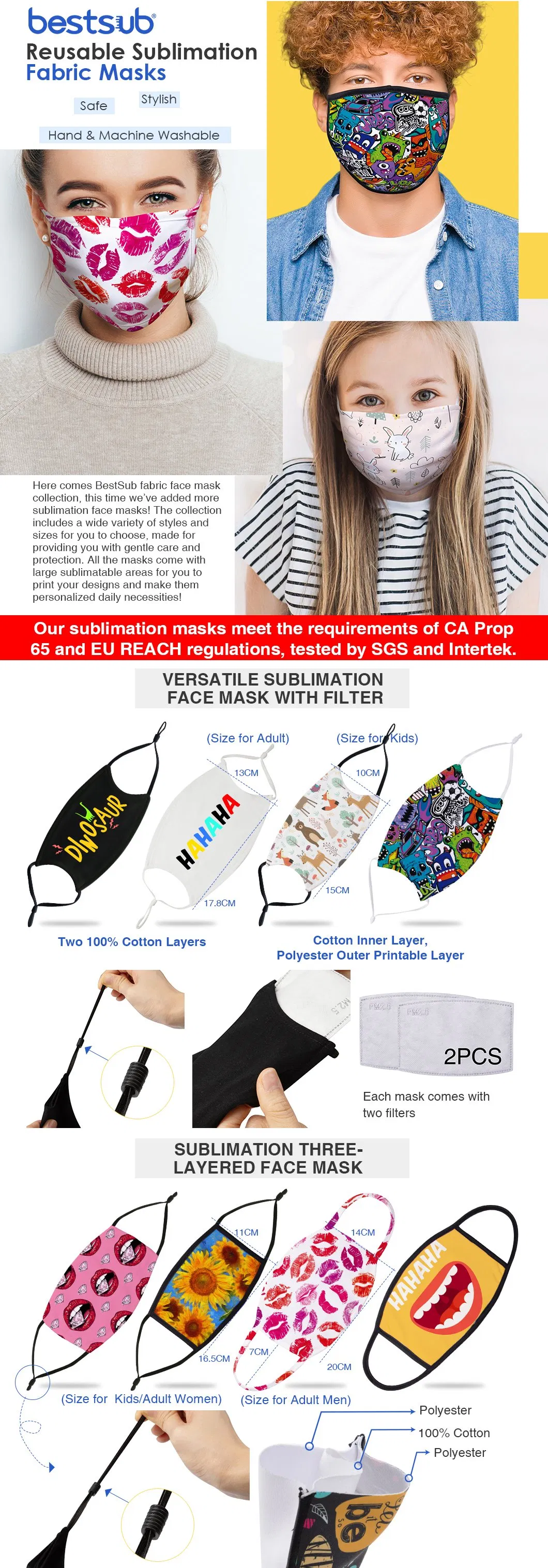 Bestsub Sublimation Adult Face Mask W/ Alu Nose Bridge (Full White with Black Strap)