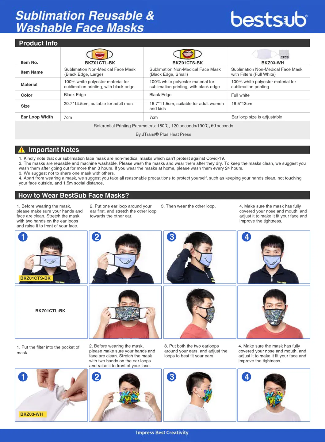 Bestsub Sublimation Adult Face Mask W/ Alu Nose Bridge (Full White with Black Strap)