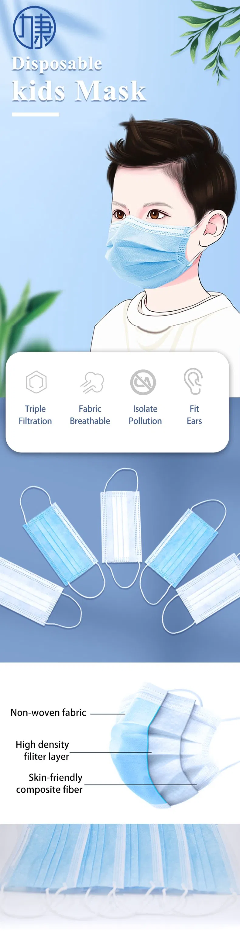 Disposable Child Mask Protection Breathable Fashion Blue and White Children for Children, Boys and Girls Personal Protective Device Made in China