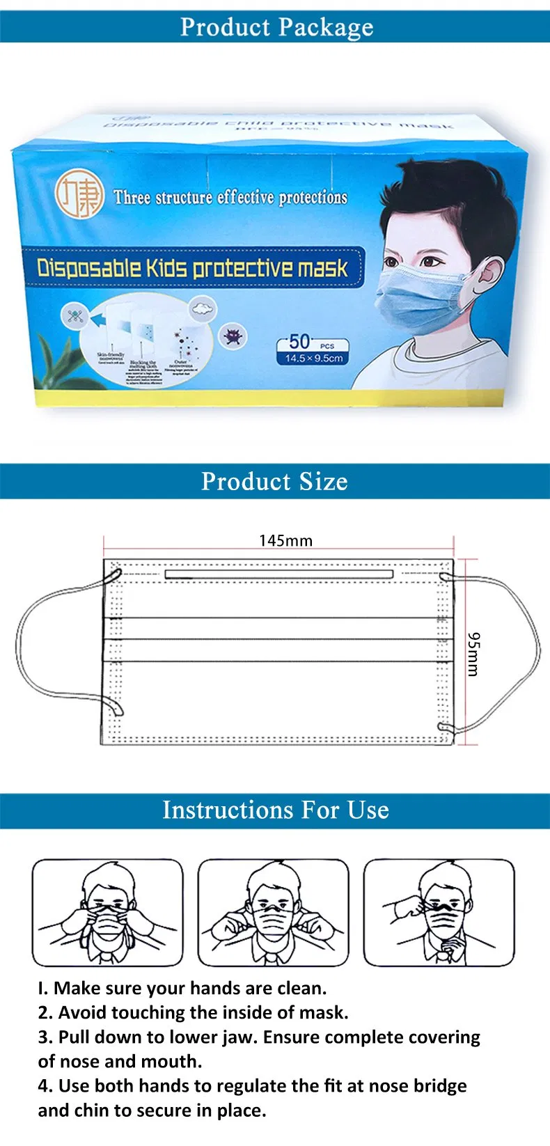 Disposable Child Mask Protection Breathable Fashion Blue and White Children for Children, Boys and Girls Personal Protective Device Made in China