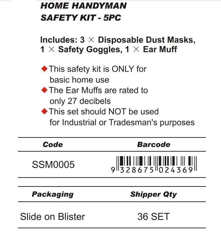 Home Handyman Safety Kit Ear Muffs Ear/Eye/Protector Breathing Mask