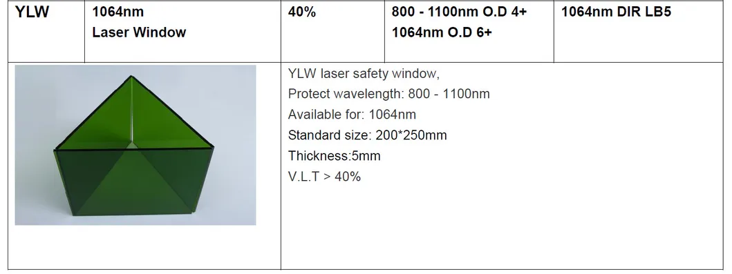 Laser Safety Window (YLW) for 1064nm Fiber Lasers with V. L. T 40% and Protect Wavelength: 800-1100nm