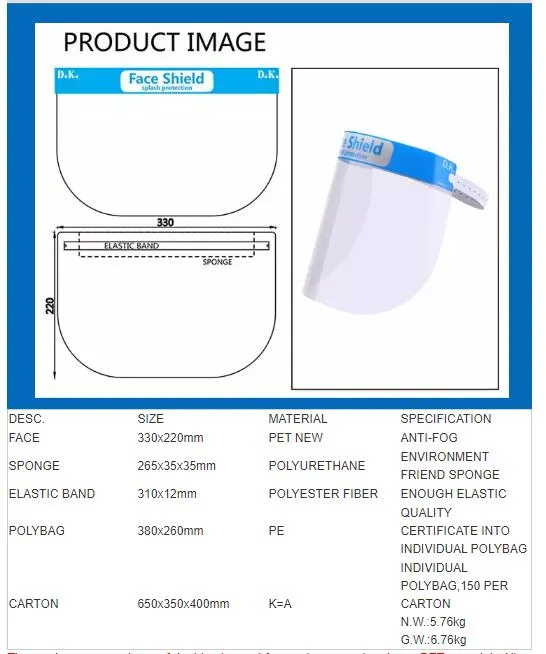 Pet Hot Sale Disposable Transparent Protective Face Shield
