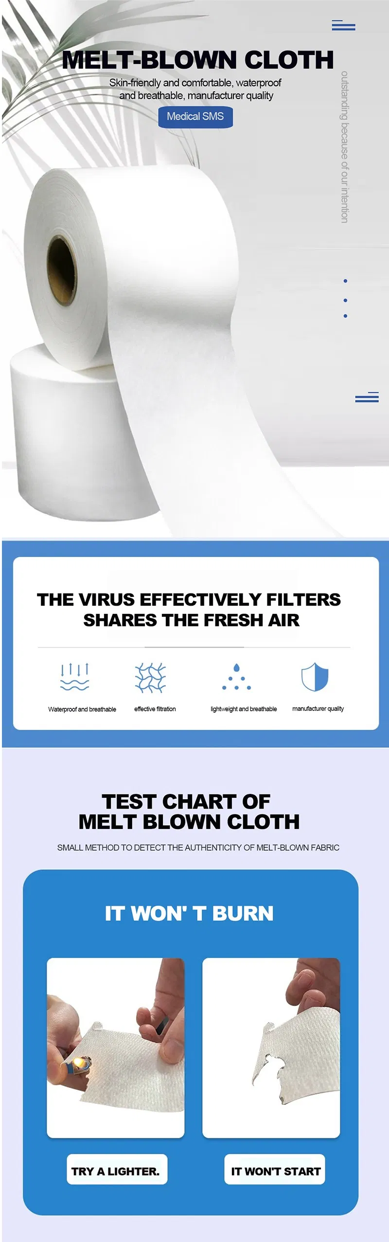 Plain Printed White Blue Customized Color Meltblown Nonwoven Fabric Price