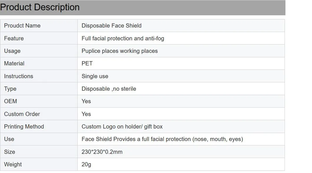 Protect Your Face Eye Mouth Anti-Fog  Prevention Protective Shield Reusable Eco Clear Pet with Certificates