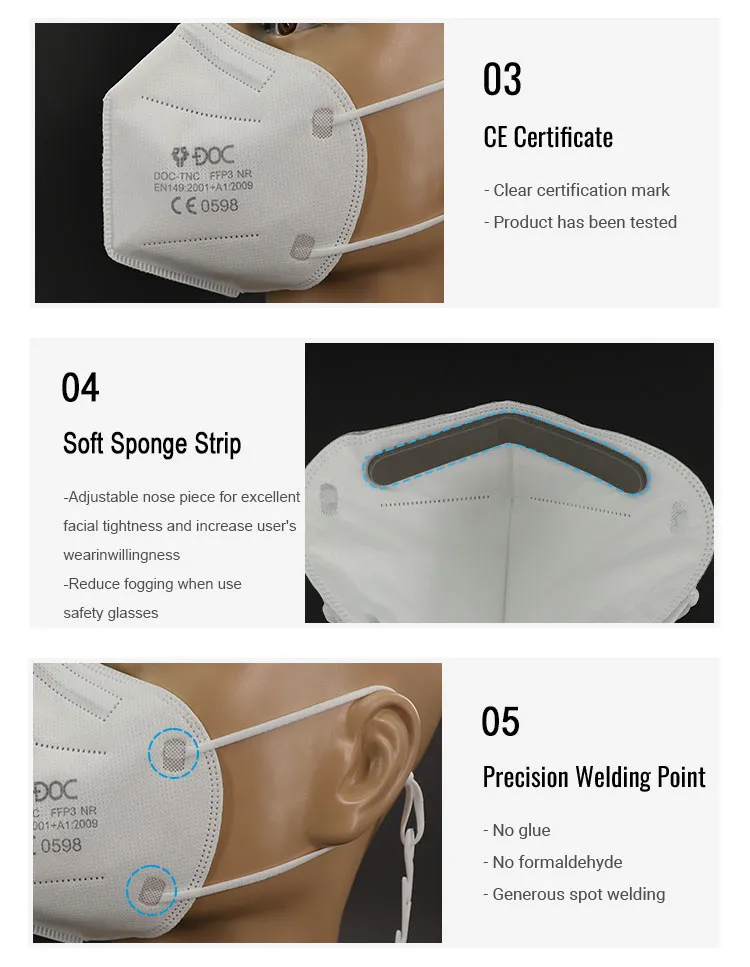 White Color CE0598 En149 Adjustable Elastic Strap FFP3 Face Mask with Soft Sponge Strip