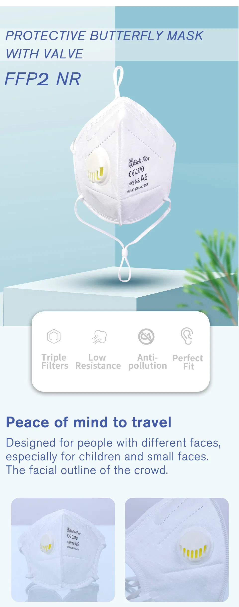 White List Factory FFP2 Valved Respirator Disposable Protective Butterfly Face Mask CE ISO 9001 ISO 13485