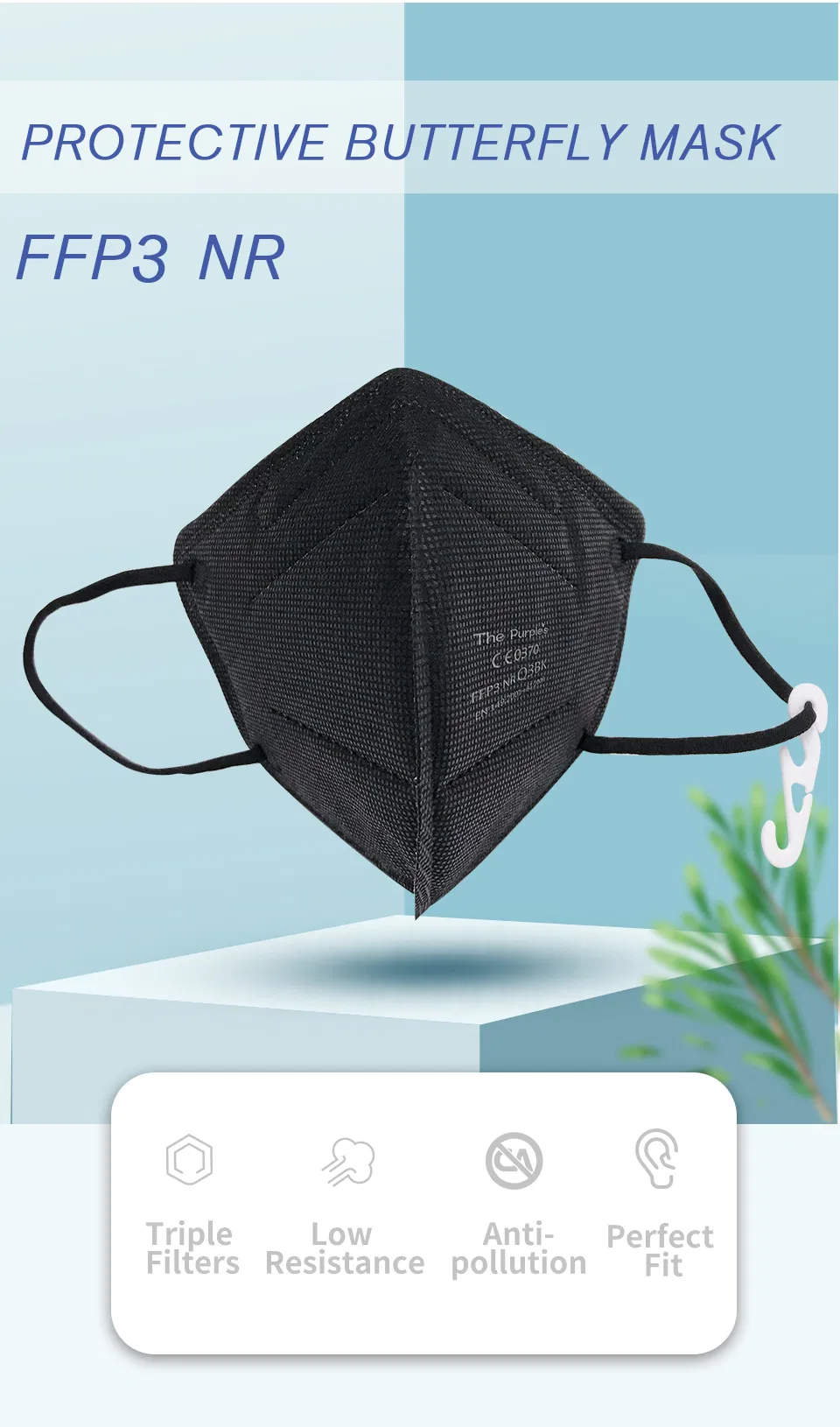 White List Factory FFP3 Unvalved Black Disposable Respirator Fold Flat Mask CE ISO 9001 ISO 13485