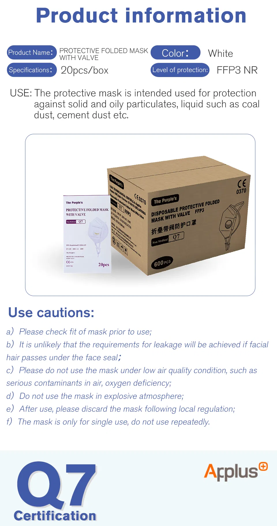 White List Factory FFP3 Valved Respirator Disposable Protective Face Mask CE KN95 ISO 9001 ISO 13485