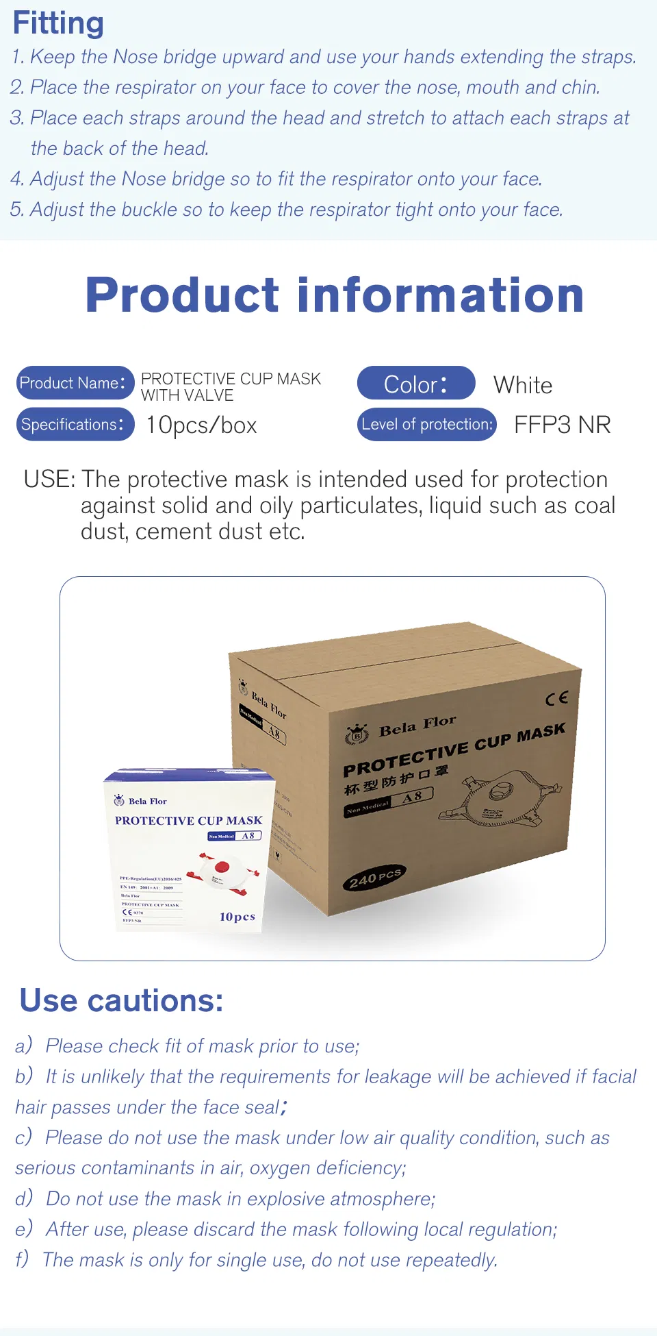 White List Factory Ffp3V Cup-Shape Respirator Disposable Protective Mould Face Mask CE