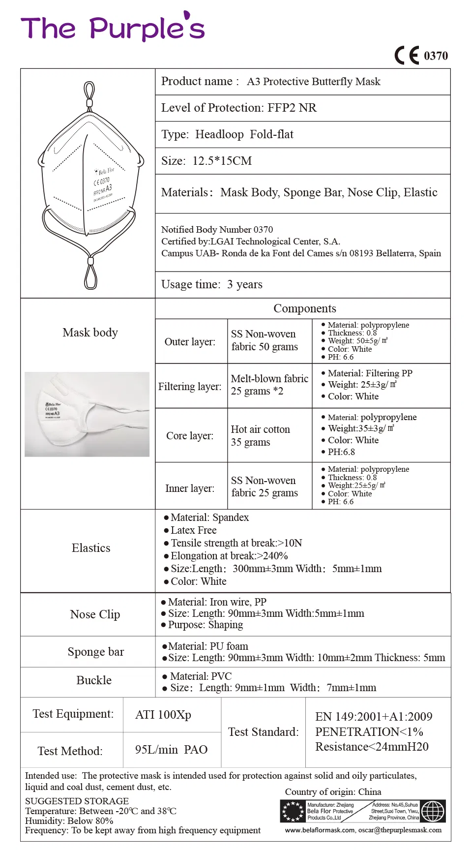 White List Manufacturer FFP2 Unvalved Respirator Disposable Protective Butterfly Face Mask CE 0370 Fold Flat