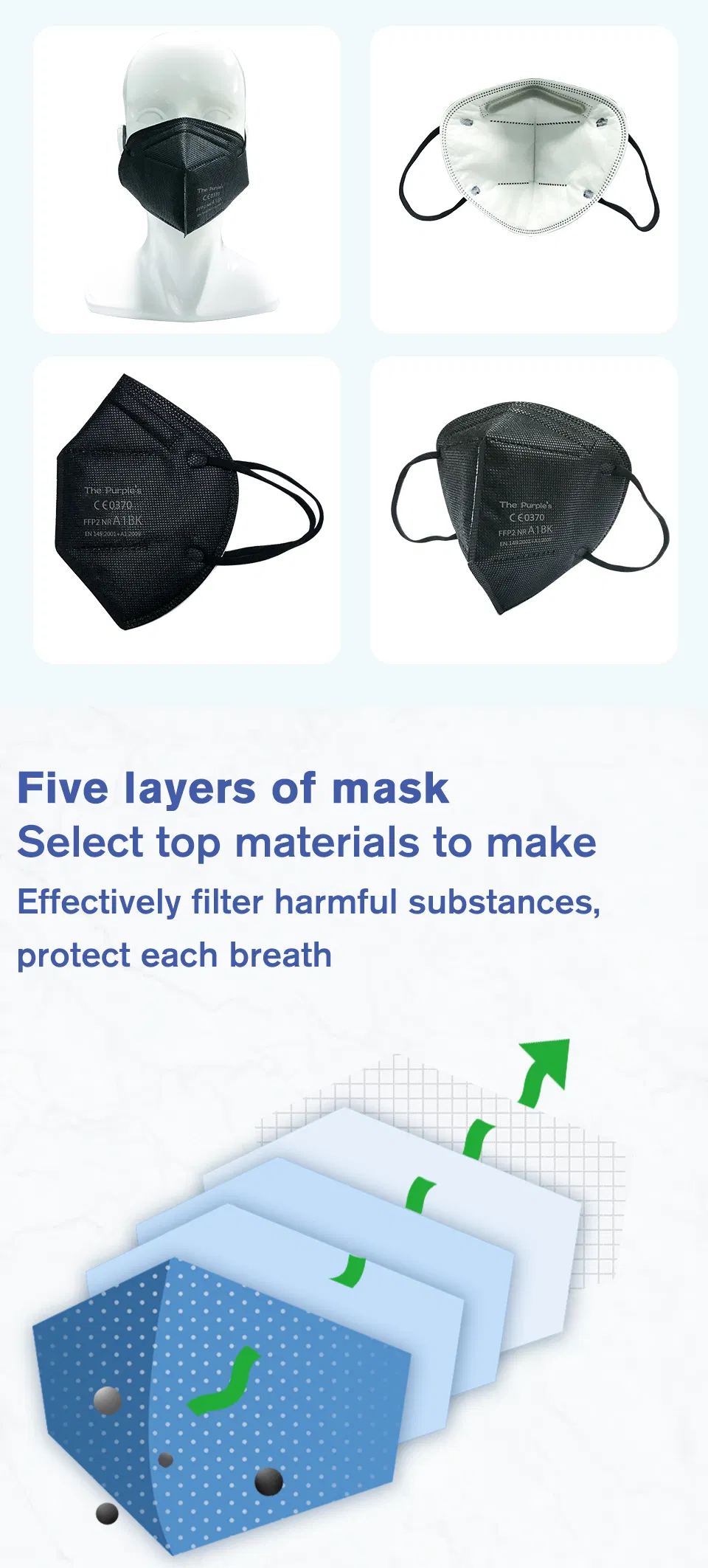White List Manufacturer FFP2 Unvalved Respiratory Black Disposable Protective Mask
